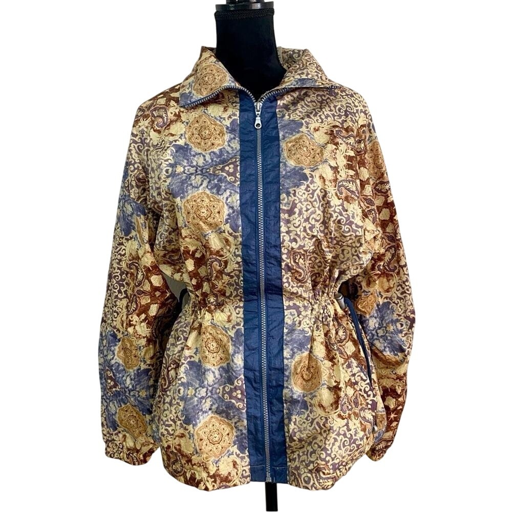 Vintage 80s 90s Vos Sports Women's 100% Nylon Jacket Blue Brown Cinched Waist